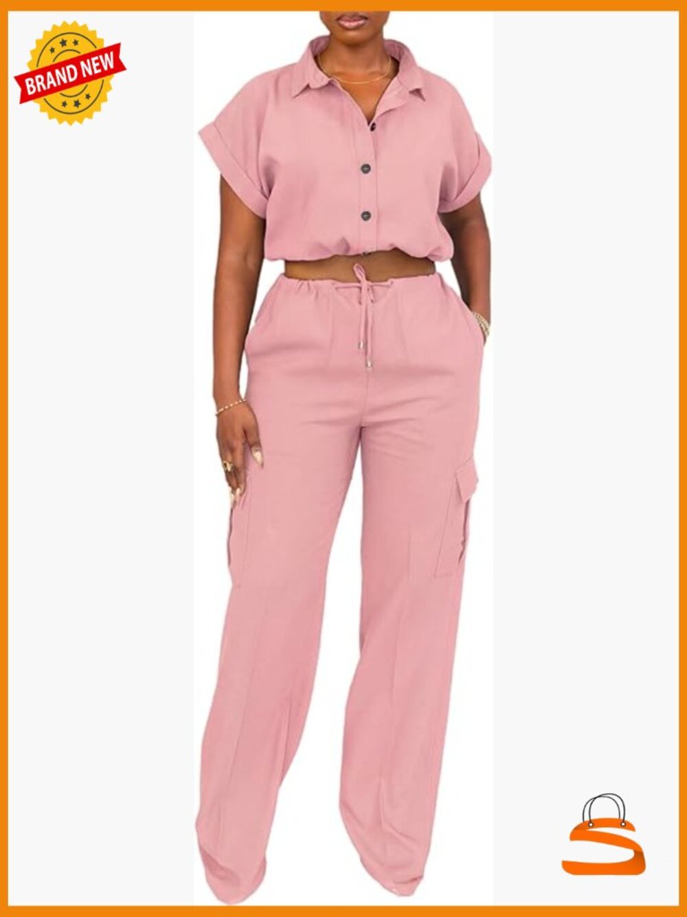 2 Piece Outfits Short Sleeve Button Crop Top Wide Leg Cargo Pants Set Loungewear